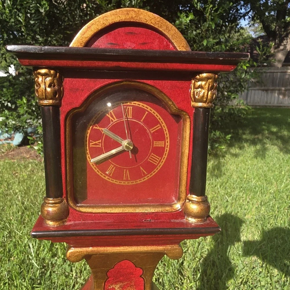 Miniature Grandfather Clock Red Floral Chinoiserie Mantle Table clock no work